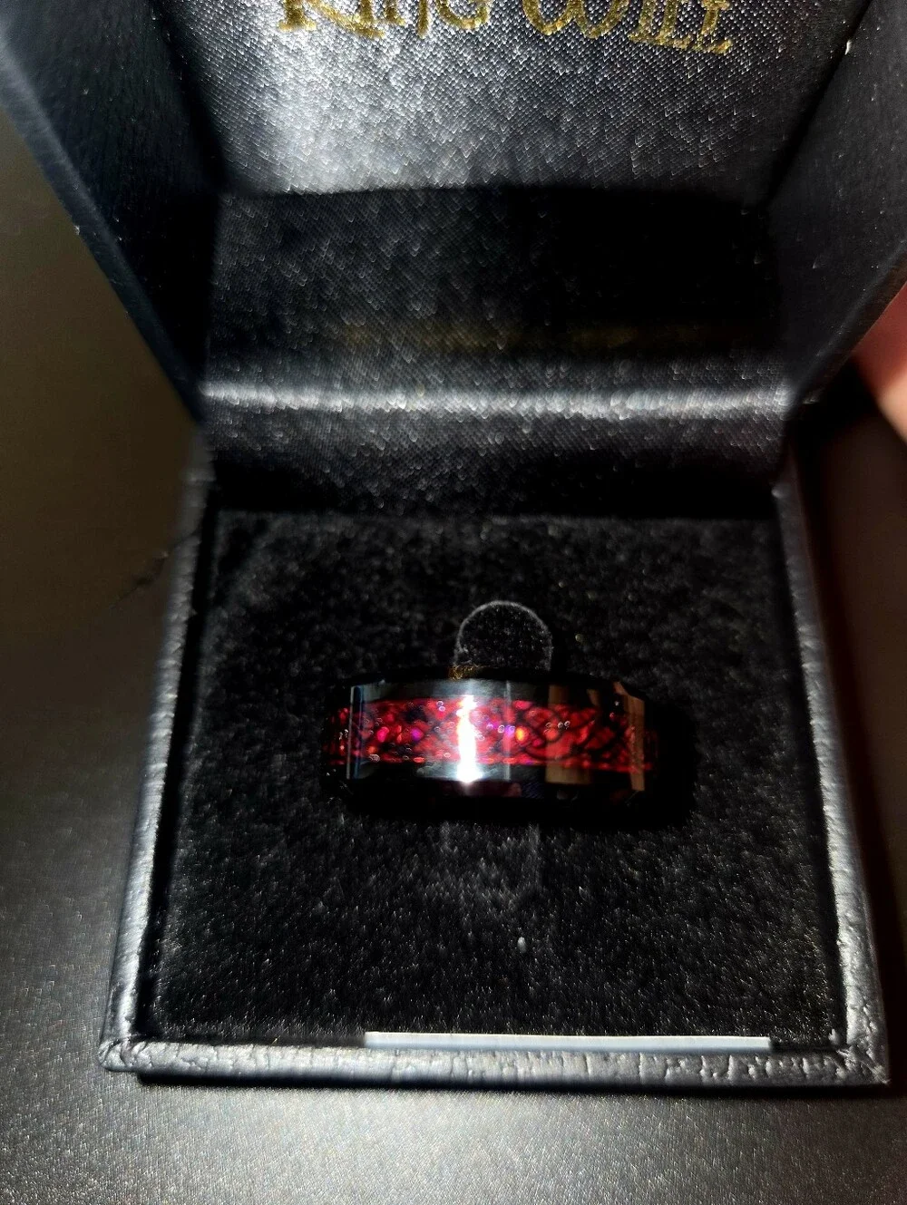King Will Black Tungsten Carbide Ring Red Crushed Opal Inlay Size 10.5